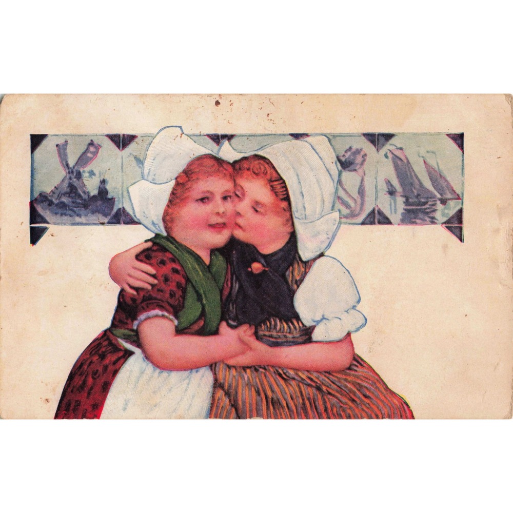 Vtg Dutch Children Kissing Postcard Traditional Costume Windmill Sailboat